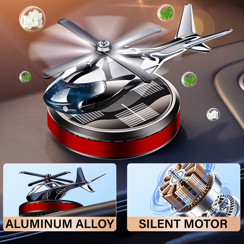 Solar-powered helicopter air freshener with rotating aluminum alloy aromatherapy diffuser in red/golden/silvery/blue, includes paper fragrance sheets for long-lasting delicate scent and car