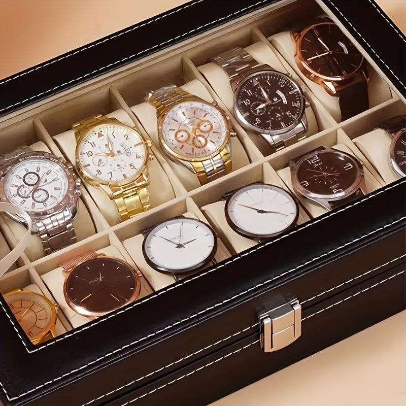 12-compartment faux leather watch box with glass lid, metal clasp, velvet lining, and flip-top closure. Black jewelry organizer for watches.