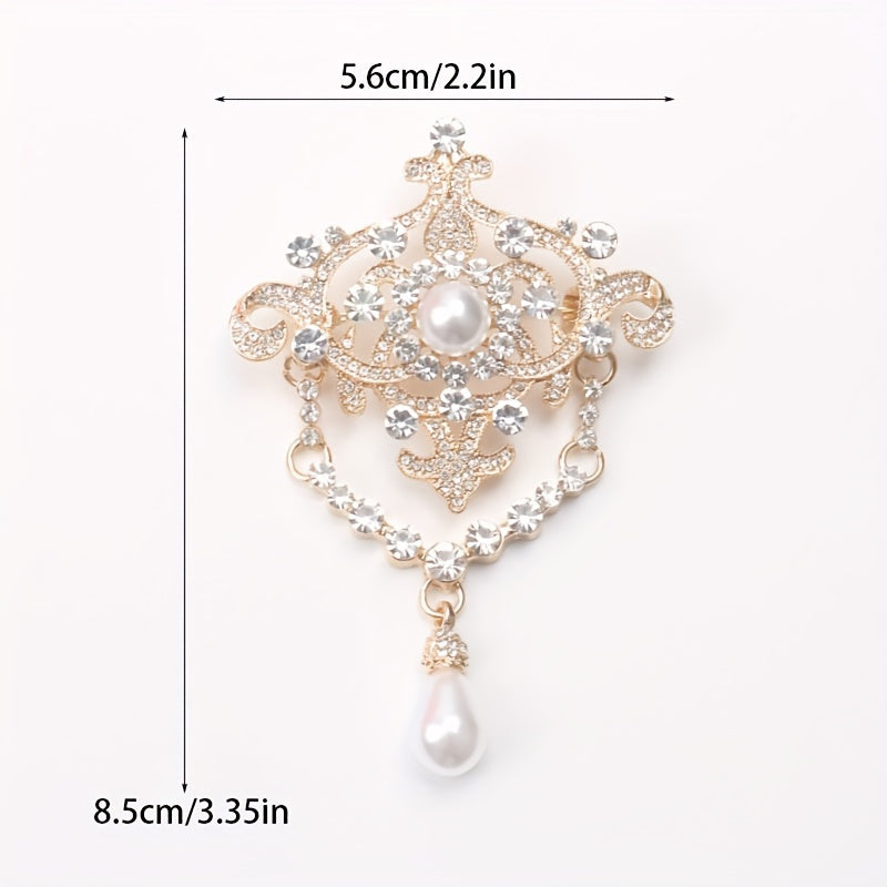 Stylish antique-inspired brooch adorned with faux pearls and sparkling rhinestones, exquisite jewelry perfect for women, ideal for weddings and bridesmaid gifts.