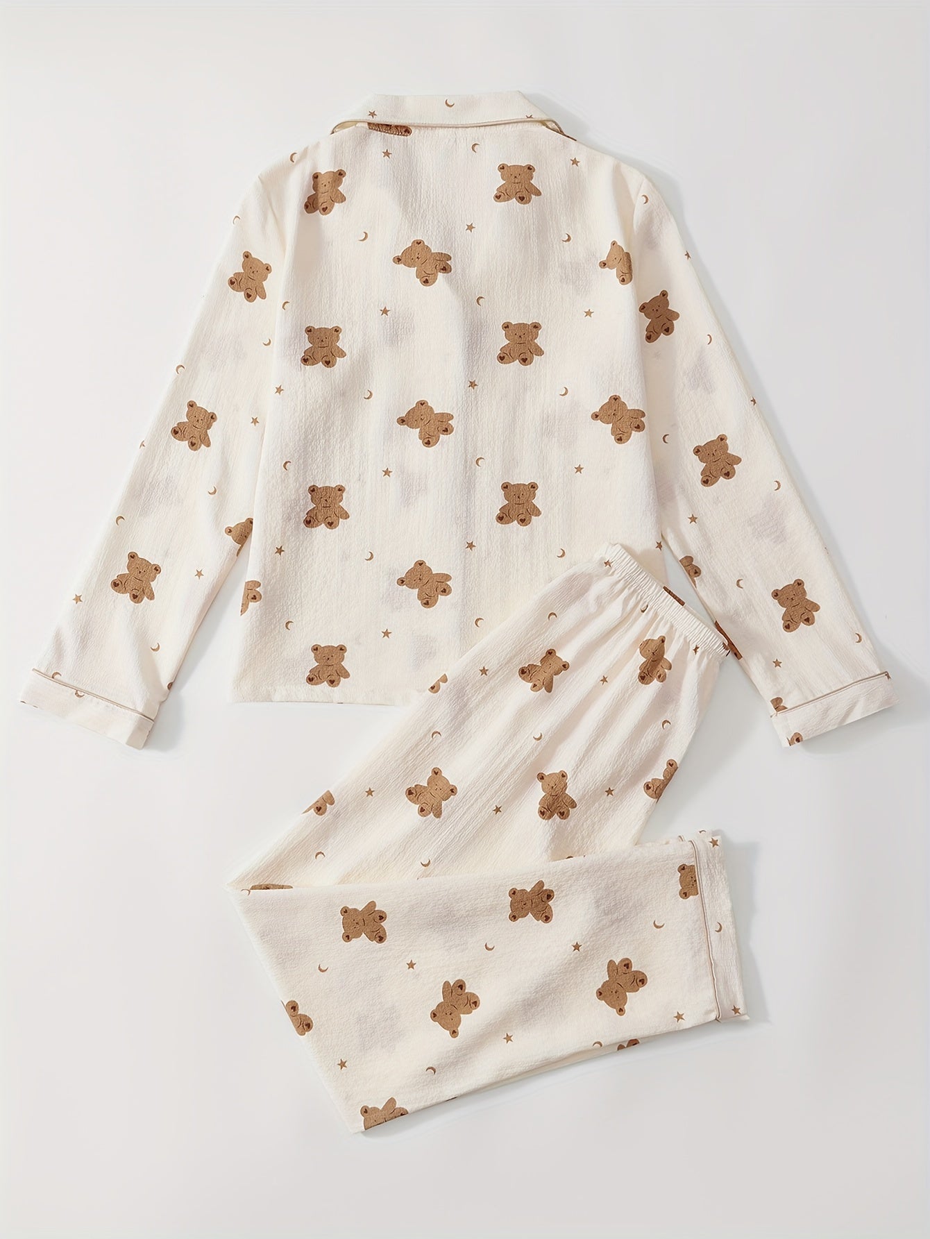 Brown bear print gauze top and pants sleepwear set.