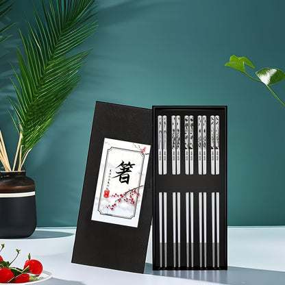 Set of 5 stainless steel chopsticks, dishwasher safe, laser-engraved non-slip design, perfect for cooking and eating, great for gifting.