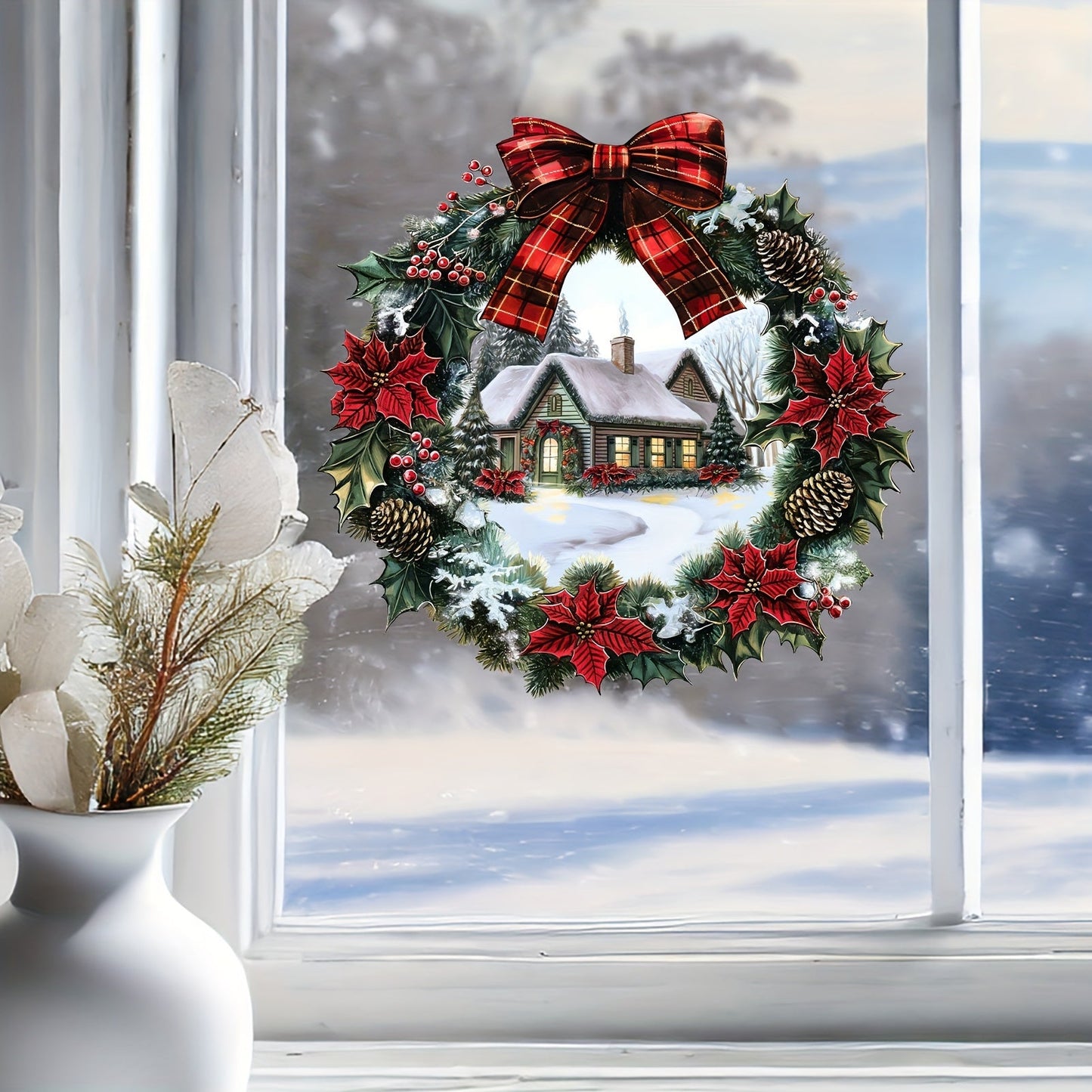 Add festive cheer to your living room with the Christmas Wreath & Snow House Window Cling - a self-adhesive holiday decoration for your glass windows. Bring the magic of Christmas into your home with this charming holiday decor.