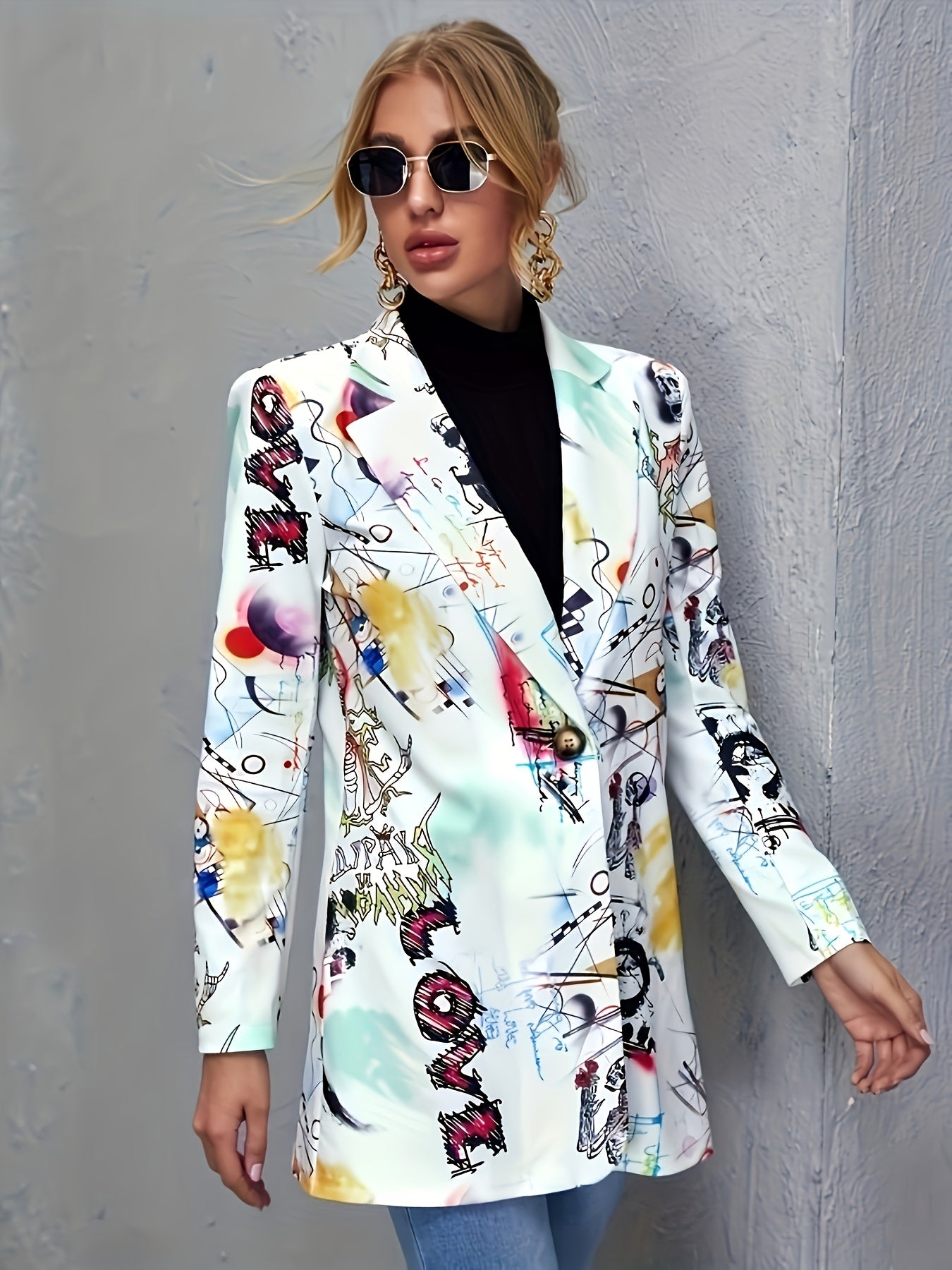 Plus size graffiti print blazer with long sleeves and open front, featuring a vibrant abstract design. Casual and stylish outerwear made from stretch fabric.