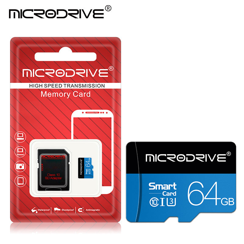 Microdrive Blue Class 10 TF Memory Card is available in 32GB, 64GB, 128GB, and 256GB with U3 support, includes an SD adapter for smartphones and DVRs.