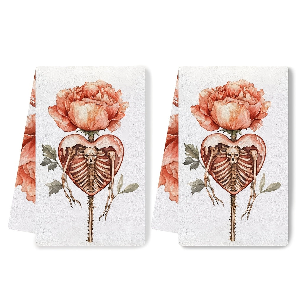 Set of 2 Ultra Soft Kitchen Towels featuring a Valentine's Day Skeleton Heart and Floral design. These towels are highly absorbent, machine washable, and measure 40.64x60.96 cm. They are perfect for holiday decor and Valentine's Day essentials, with a