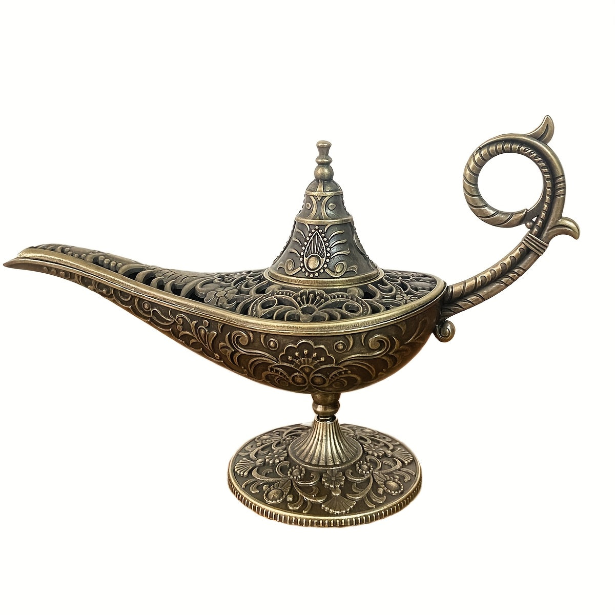 Aladdin's Magic Lamp Incense Burner: Antique metal holder for Frankincense and Tibetan Incense, with air purification for festive home fragrance on holidays.