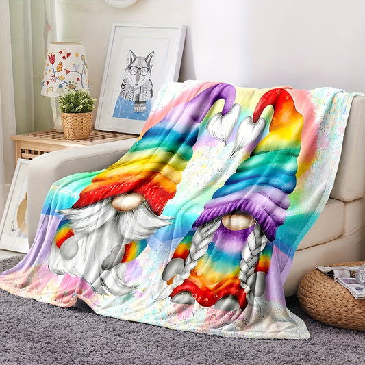 This cozy 1PC Contemporary Cartoon Gnome Throw Blanket is perfect for any sofa or bedroom. It is machine washable, stain resistant, and made of soft and warm knitted polyester. This decorative blanket can be used all year round and is ideal for travel