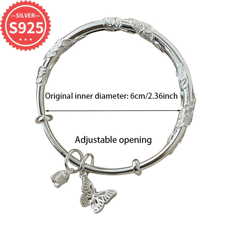 925 Sterling Silver Adjustable Bangle featuring a Chic Flower & Butterfly Pendant - Comes with Hypoallergenic, Anti-Tarnish Gift Box