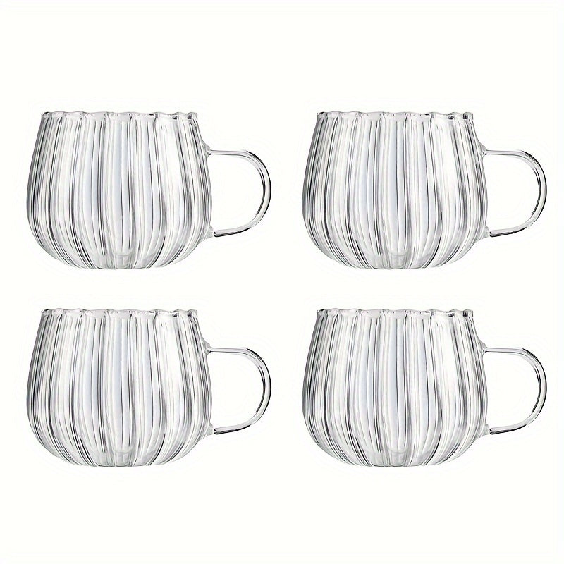 4 handcrafted high borosilicate glass cups with colorful stripes, pumpkin-shaped large belly mugs perfect for various drinks with 450ml/15.5oz capacity.