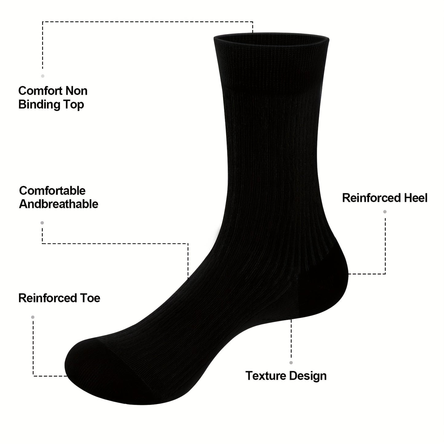 5 pairs of men's solid crew socks made of breathable bamboo fiber blend for comfortable and casual outdoor wear in all seasons.