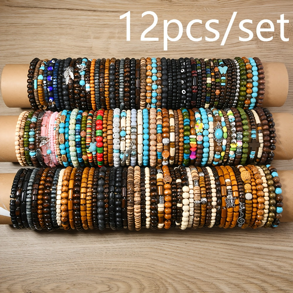 Handmade stretch jewelry for women featuring a set of 12 Boho style mixed wooden bead elastic bracelets. Perfect for daily wear, Valentine's Day gifts, and as a versatile all-season accessory. Includes synthetic February birthstone accents.