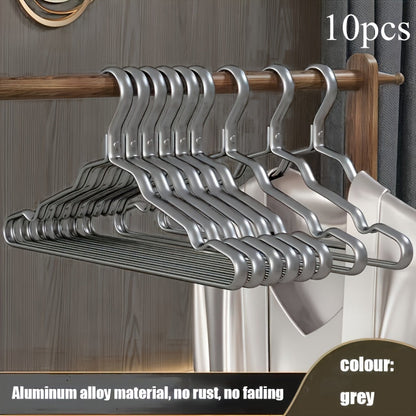 A pack of 10 durable metal hangers with a non-slip, seamless design for organizing coats and clothing in the bedroom or bathroom. Built to last for long-term storage.