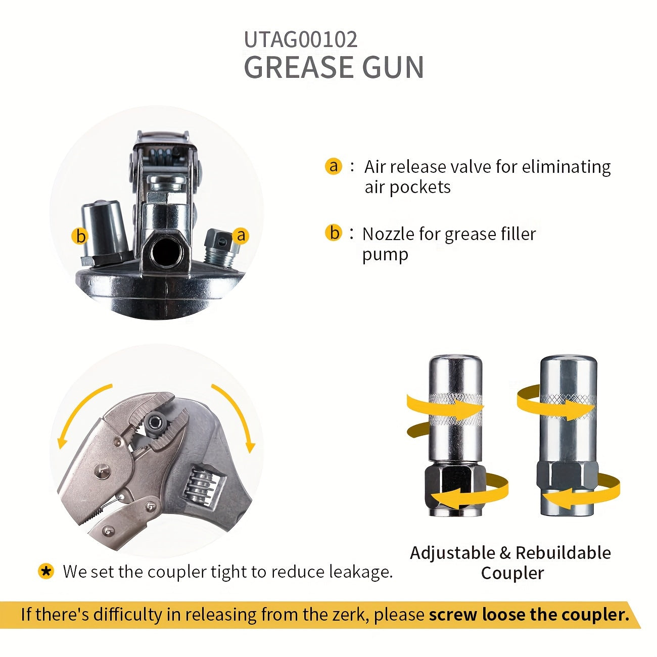 8000 PSI Pistol Grip Oil Gun Kit with 14 oz load, 45.72 cm hose, 2 connectors, 2 extension tubes, and 1 sharp nozzle.