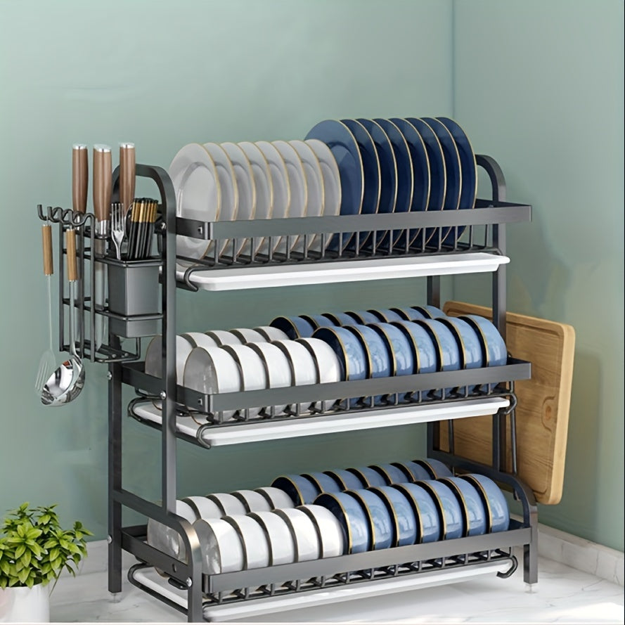 High-quality carbon steel three-layer storage rack for bowls, plates, and dishes, featuring dry and wet separation, drainage, and rust-proof design. Includes integrated racks for tableware