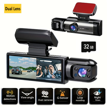 Dual camera dash cam for cars with front 1080P and inside 480P resolution, IR night vision, loop recording, wide angle dual lens, and 8.03 cm IPS screen. Optional 32GB SD card.