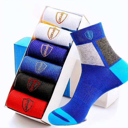 Five pairs of color block crew socks made with a comfortable polyester blend for casual wear indoors and outdoors in all seasons. Fits US sizes 6-11. Stylish and breathable.