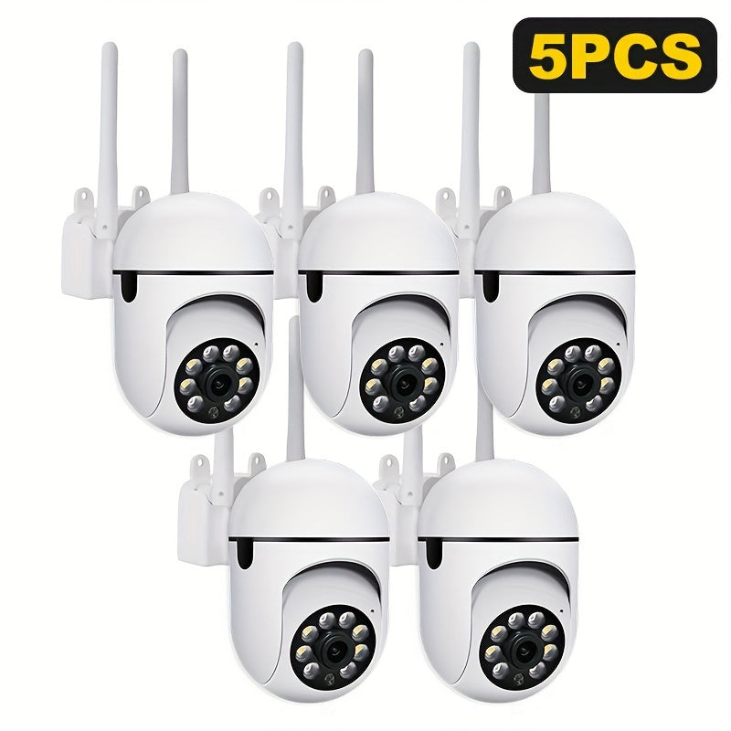 Five high-definition outdoor security cameras featuring auto tracking, night vision, motion alerts, and two-way audio. Can connect to 2.4GHz WiFi for remote viewing from a smartphone, suitable for both indoor and outdoor use.