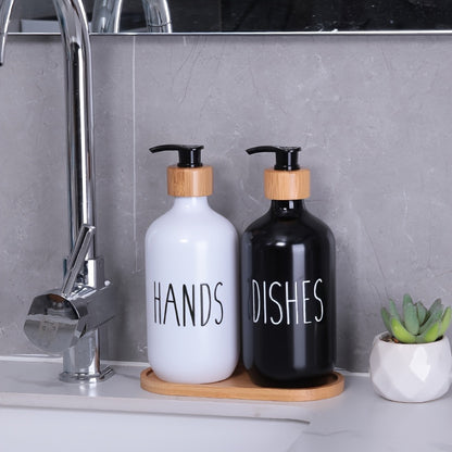 Set of 2 plastic soap dispensers for hand and dish soap, perfect for bathroom countertop storage.