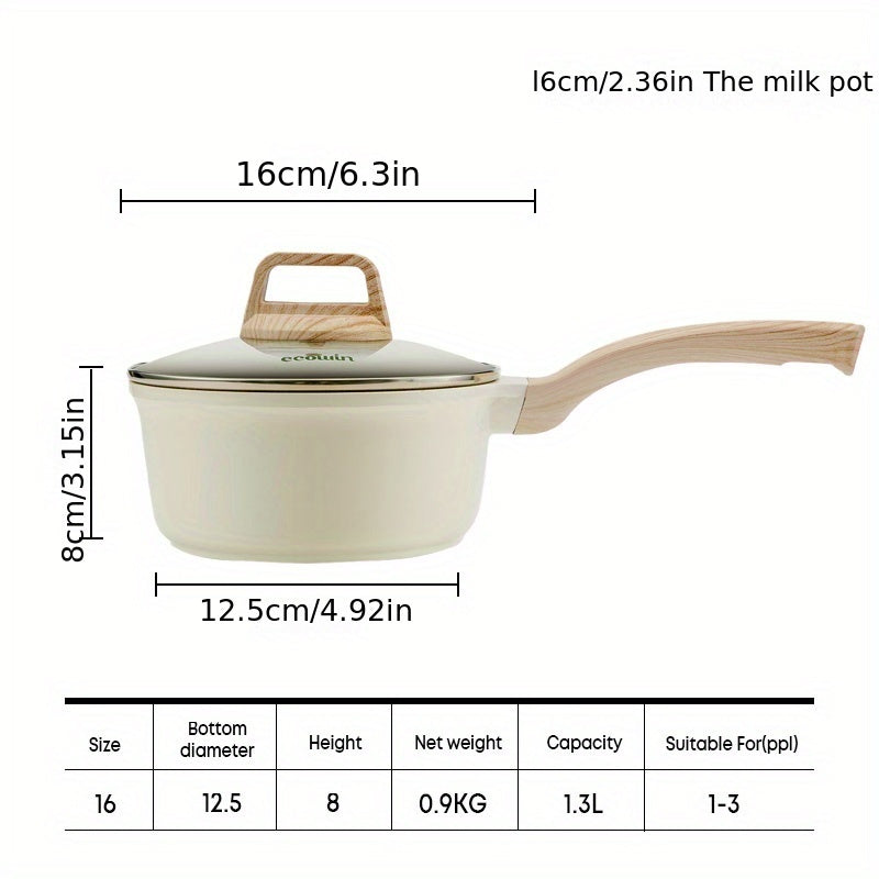 Non-stick pan for your kitchen cookware needs! This small milk pan comes with a lid and is perfect for making pasta, steak sauce, porridge, and ramen. A versatile addition to your kitchenware and cookware collection.