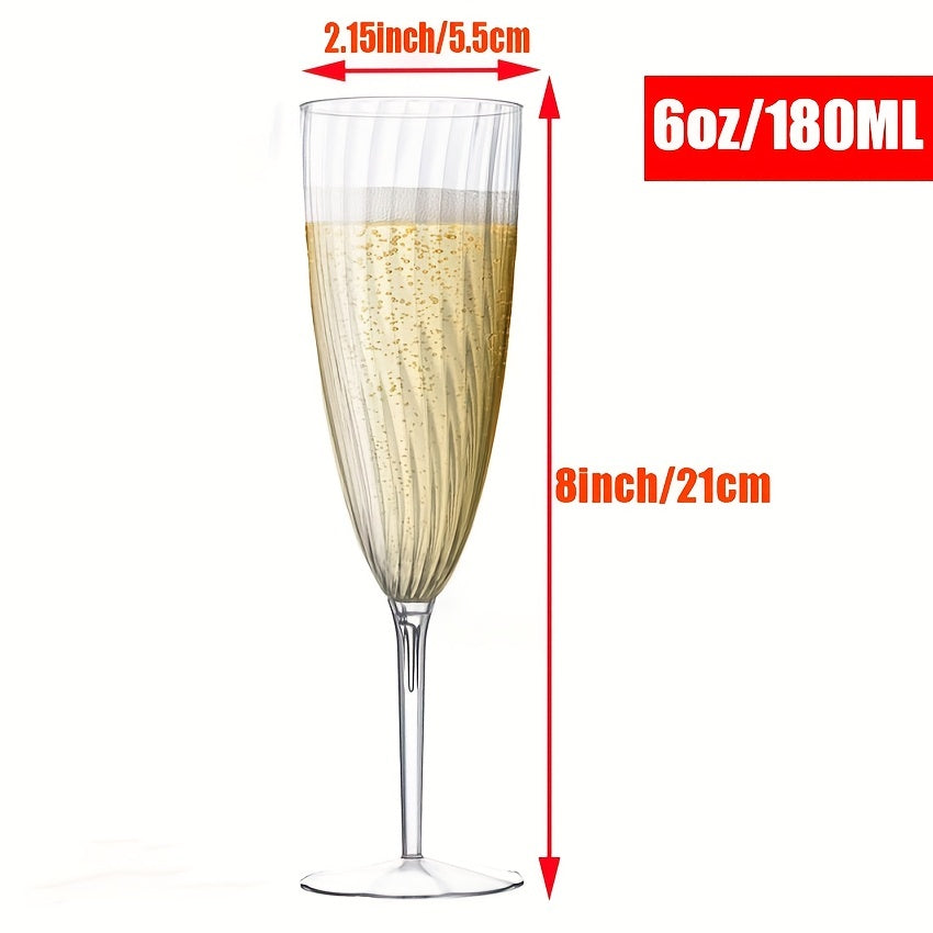 Set of 8 clear plastic flute glasses, 6 oz capacity, perfect for everyday use at home or special occasions like weddings. Ideal for toasting with champagne or other drinks at parties and weddings. Disposable and durable, making clean-up a breeze. Great