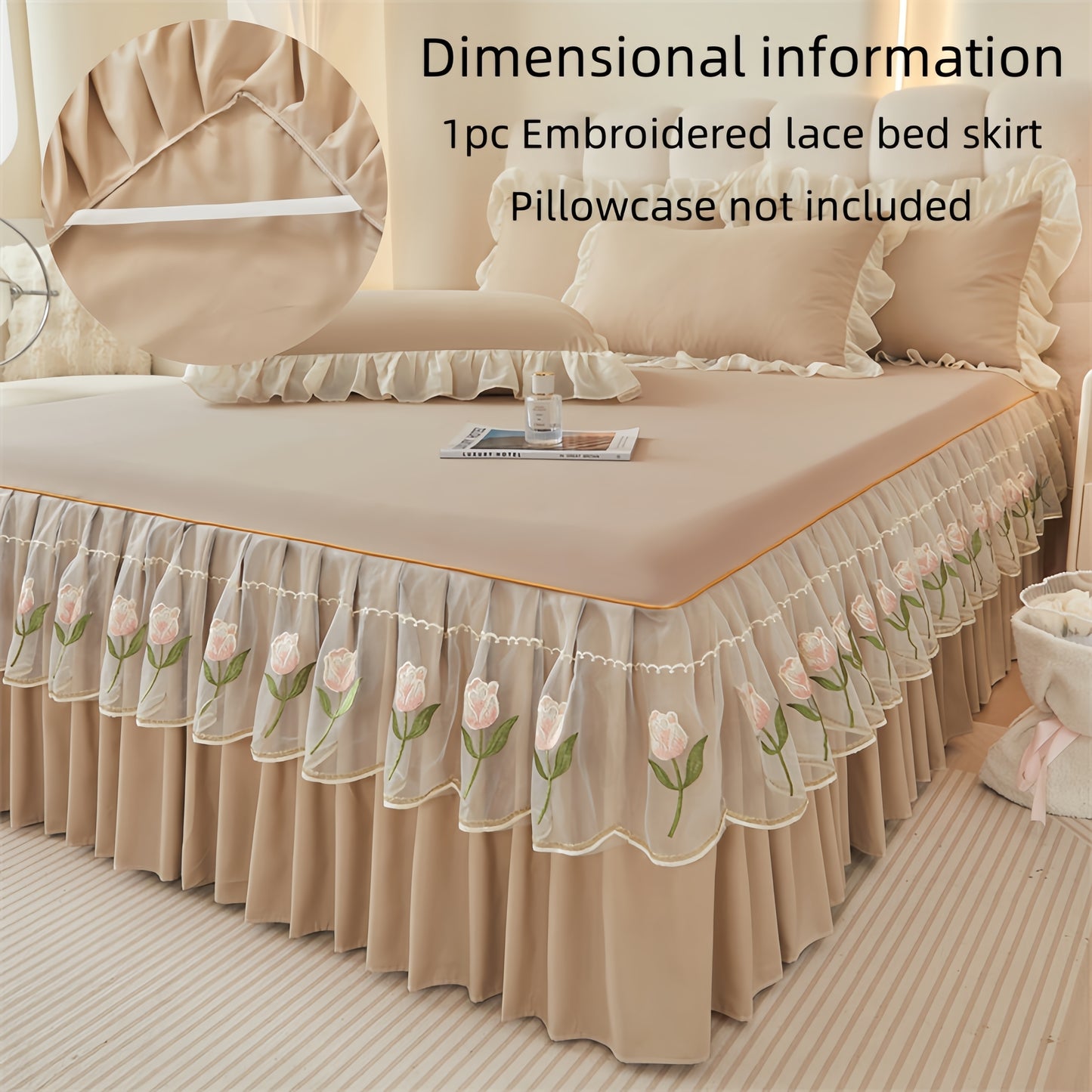 Luxury bed skirt with lace trim and rose embroidery, machine washable, soft fabric, non-slip ribbon fixation, suitable for various rooms. Made of 100% polyester.