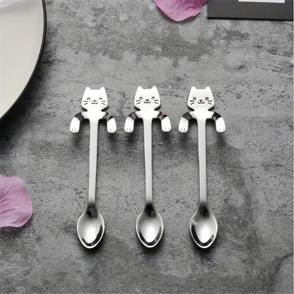 Set of 6 adorable cat-shaped stainless steel spoons perfect for coffee, tea, and desserts. Great for home use, kitchen, or restaurant. Dishwasher safe and ideal for gifting during the holidays.