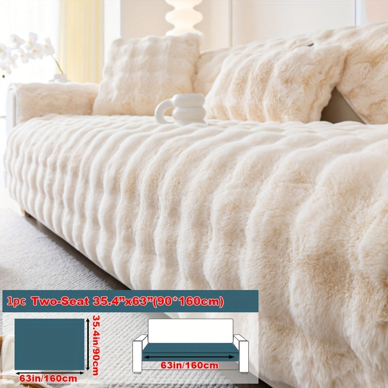 Winter plush faux fur sofa cover for pet-friendly non-slip protection, suitable for sofas up to 4 seats. Machine-washable polyester slipcover for home and office decor, making a cozy Christmas gift.