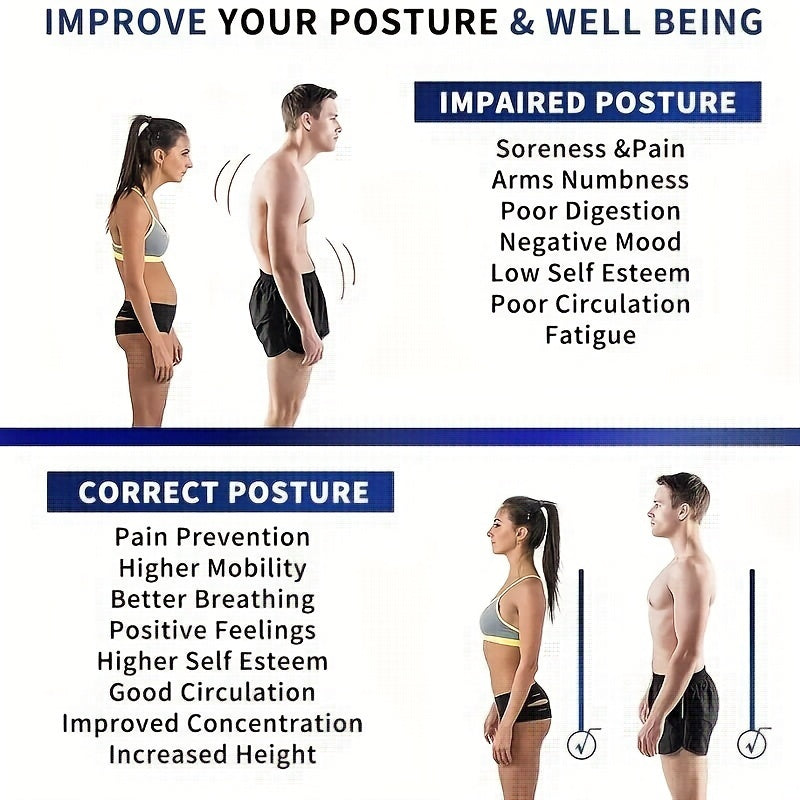 Sleek black posture corrector with adjustable straps for men and women, provides clavicle and lumbar support, made of durable polyester, hand-washable.