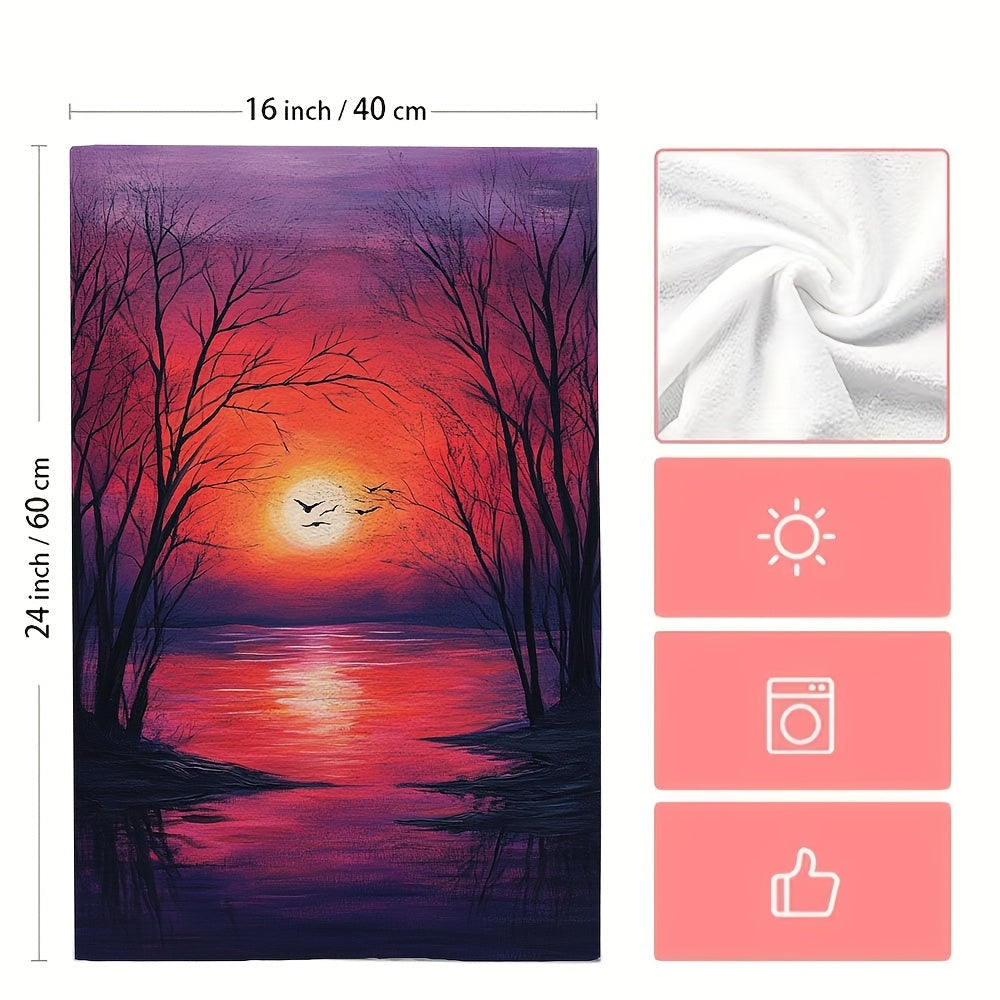 Set of 2 Ultra Soft Kitchen Towels featuring Vibrant Winter Sunset & Moonlit River Scenes. These highly absorbent polyester dish hand towels are machine washable and measure 40.64x60.96 cm. Perfect for Holiday Decor and everyday use in the kitchen.