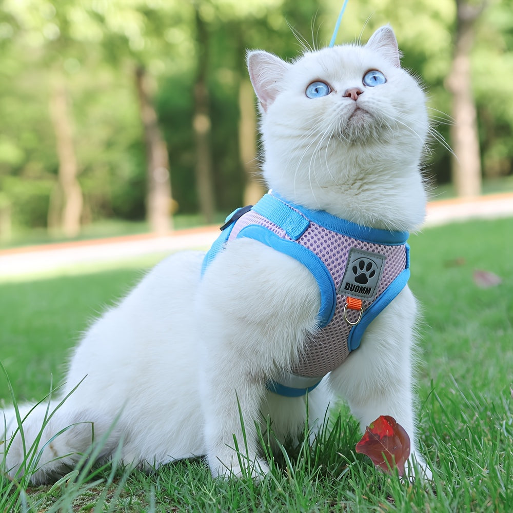 Anti-escape cat harness with reflective and breathable material, adjustable for outgoing and traveling.