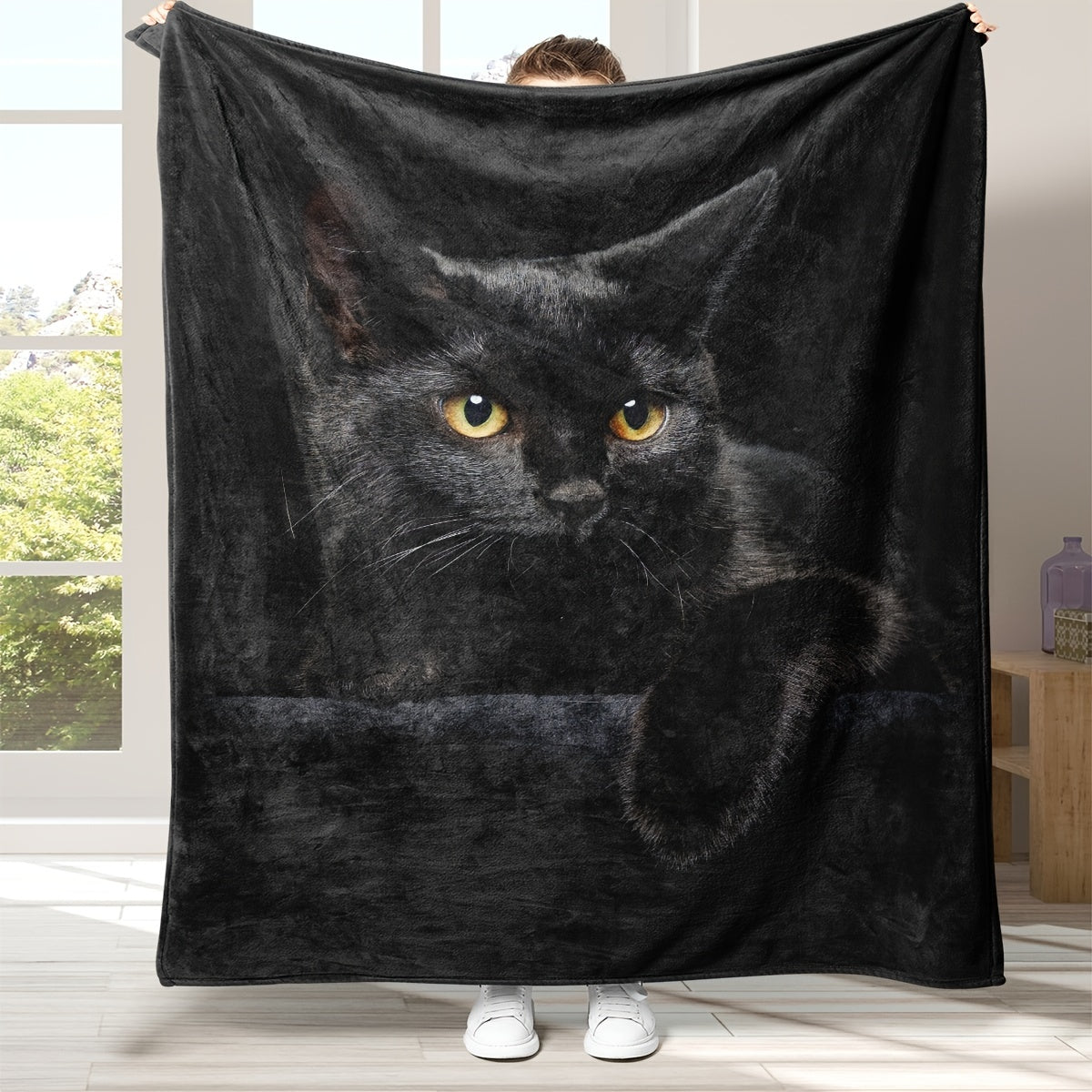 Stay cozy year-round with our stylish 1pc Black Cat Printing Flannel Blanket. Made from lightweight, soft material, this comfortable throw blanket is perfect for adults and suitable for bed, couch, camping, and travel. Ideal for staying warm in all