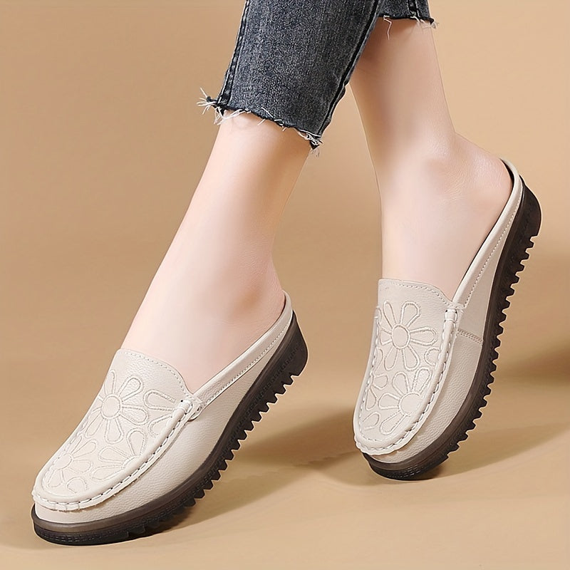 Lightweight slip-on mules for women, with flat heel and plain toe. Made from man-made materials, hand washable. Perfect for all-season comfort. European Special Edition.