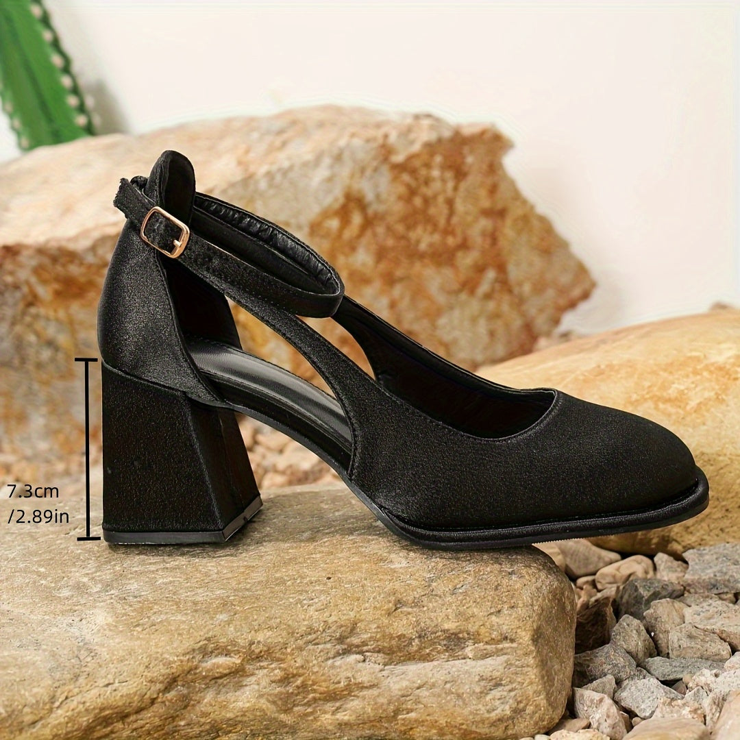 Women's elegant square-toe high heel summer shoes with ankle strap in satin material for evening dress occasions.