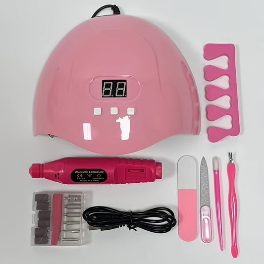 Manicure kit includes electric nail drill, UV LED lamp, and 54W UV machine light for beginners.