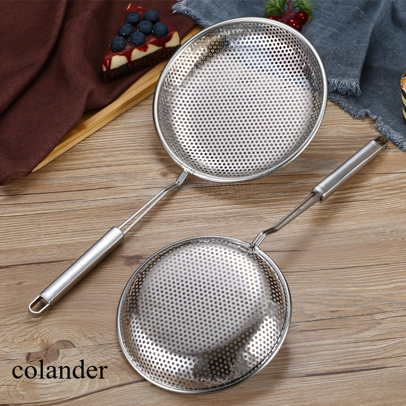 Set of stainless steel colanders - Hanging strainers in multiple sizes for draining, frying, and cooking - Strong metal slotted serving spoons with flat bases