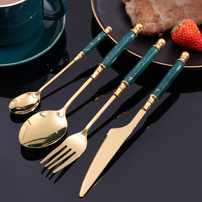 24-piece stainless steel tableware set with ceramic handles for steak knife, fork, spoon, dessert spoon, suitable for use in hotels, restaurants, and western table settings.