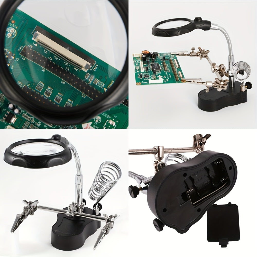 Magnifying glass stand with LED lights, helping hand magnifier for soldering work including auxiliary clamp and clips.