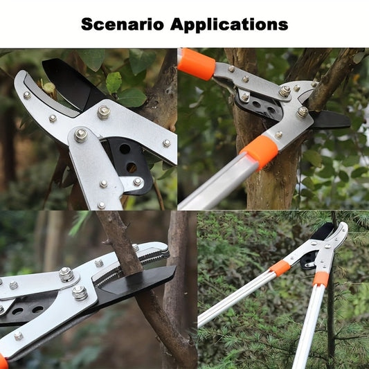 Adjustable telescopic tree trimmer with heavy-duty pruning shears, high-carbon steel blade, and contemporary metal construction for lawn and garden care.