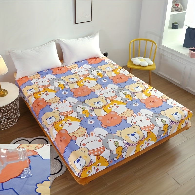 100% polyester single-layer bed sheet with a waterproof cartoon design. This machine washable sheet is designed to fit mattresses between 30-34cm high.