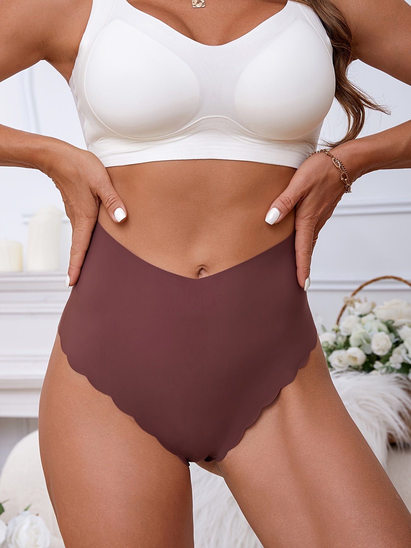 5 Simple High Waist Seamless Scallop Thongs, Soft & Stretchy Women's Underwear