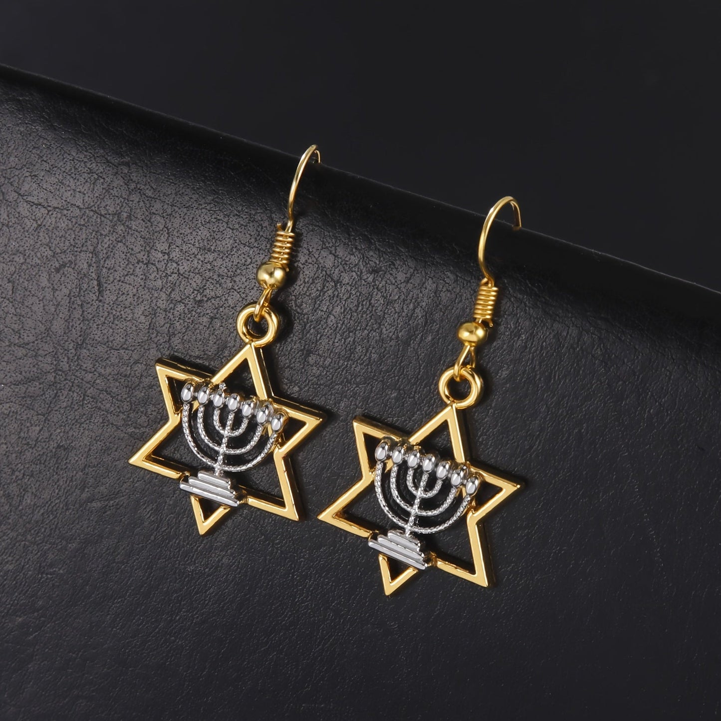 Pair of Elegant Drop Earrings featuring Vintage Style Jewish Star of David with Menorah Design, Made of 14K Gold Plated Zinc Alloy, Stainless Steel Hooks, Perfect for Daily and Party Wear