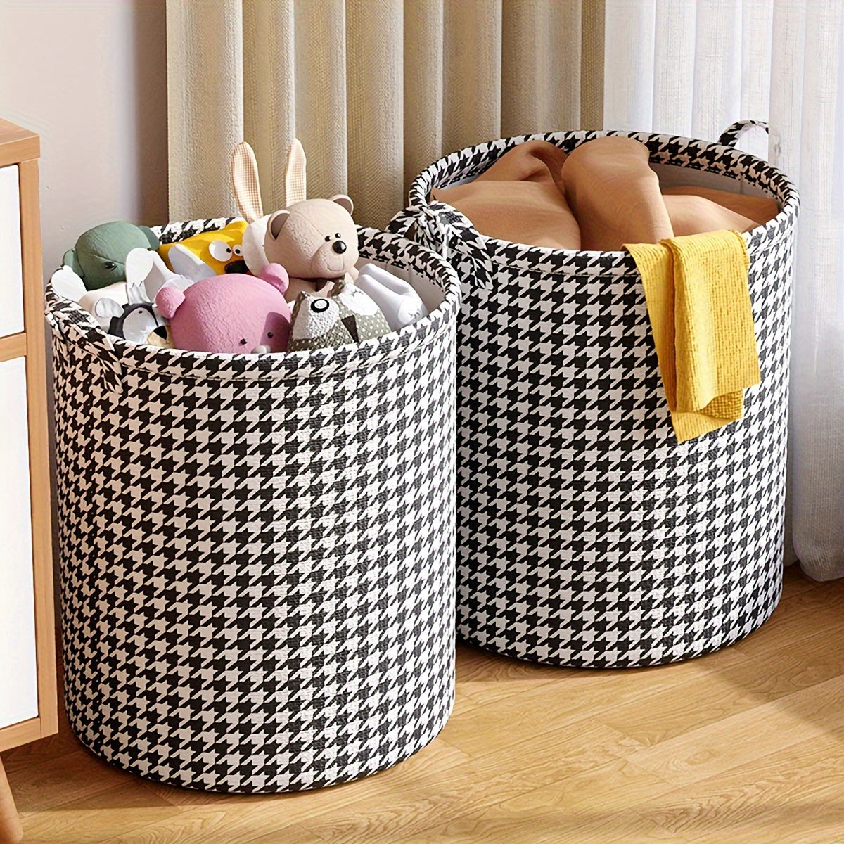 Versatile Storage Organizer: Classic Houndstooth Foldable Laundry Basket with Handles for Toys, Clothes, and Sundries - Durable Accessory for Any Room