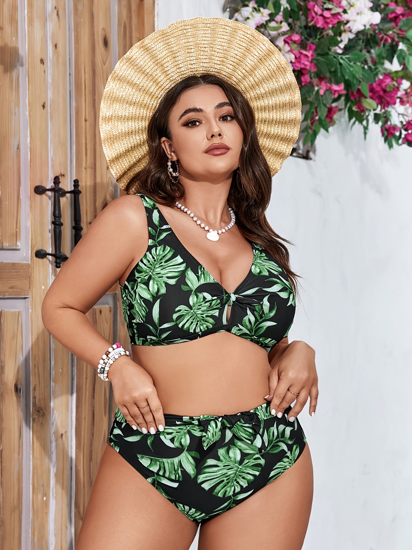 Printed high-elastic V-neck bikini set for women