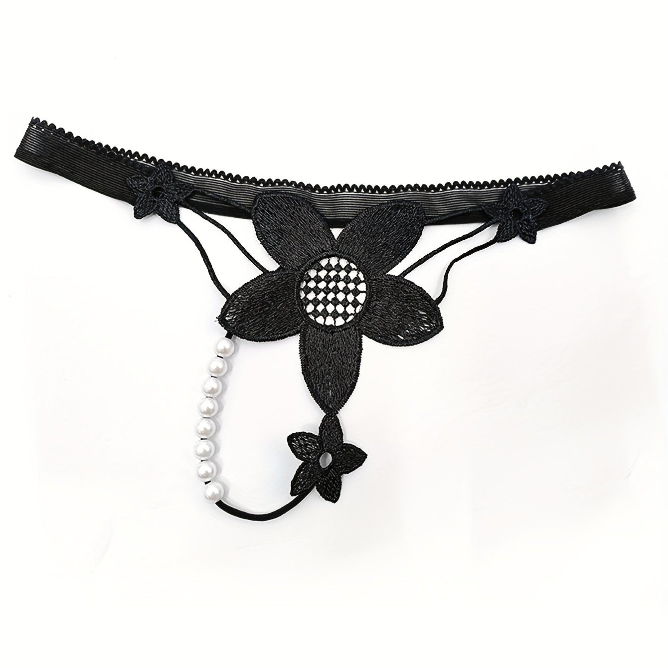 Women's Thong with Flower Embroidery and Pearl Detail