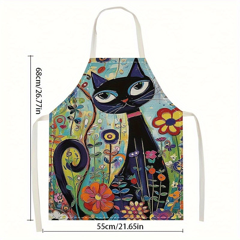 1 Linen apron with retro cat painting pattern, versatile for home kitchen work, cooking, cleaning, and restaurant use.