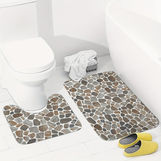 Two pieces of bathroom rugs made with high resilience foam, featuring a natural stream gravel design. These rugs are non-slip, absorbent with microfiber, and are machine washable. They are made of a polyester blend, are 1.2cm thick, and are woven bath