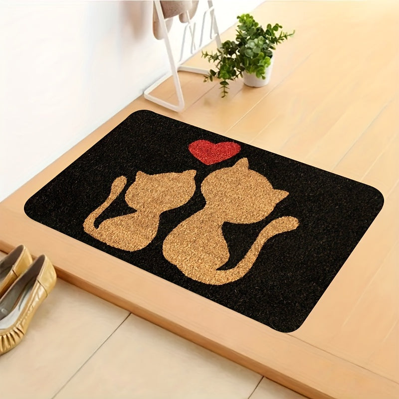 Heart Design Doormat with Cute Cat - Easy to Clean, Machine Washable, Stain Resistant, Polyester Rectangular Rug for Bedroom and Farmhouse Entryways.