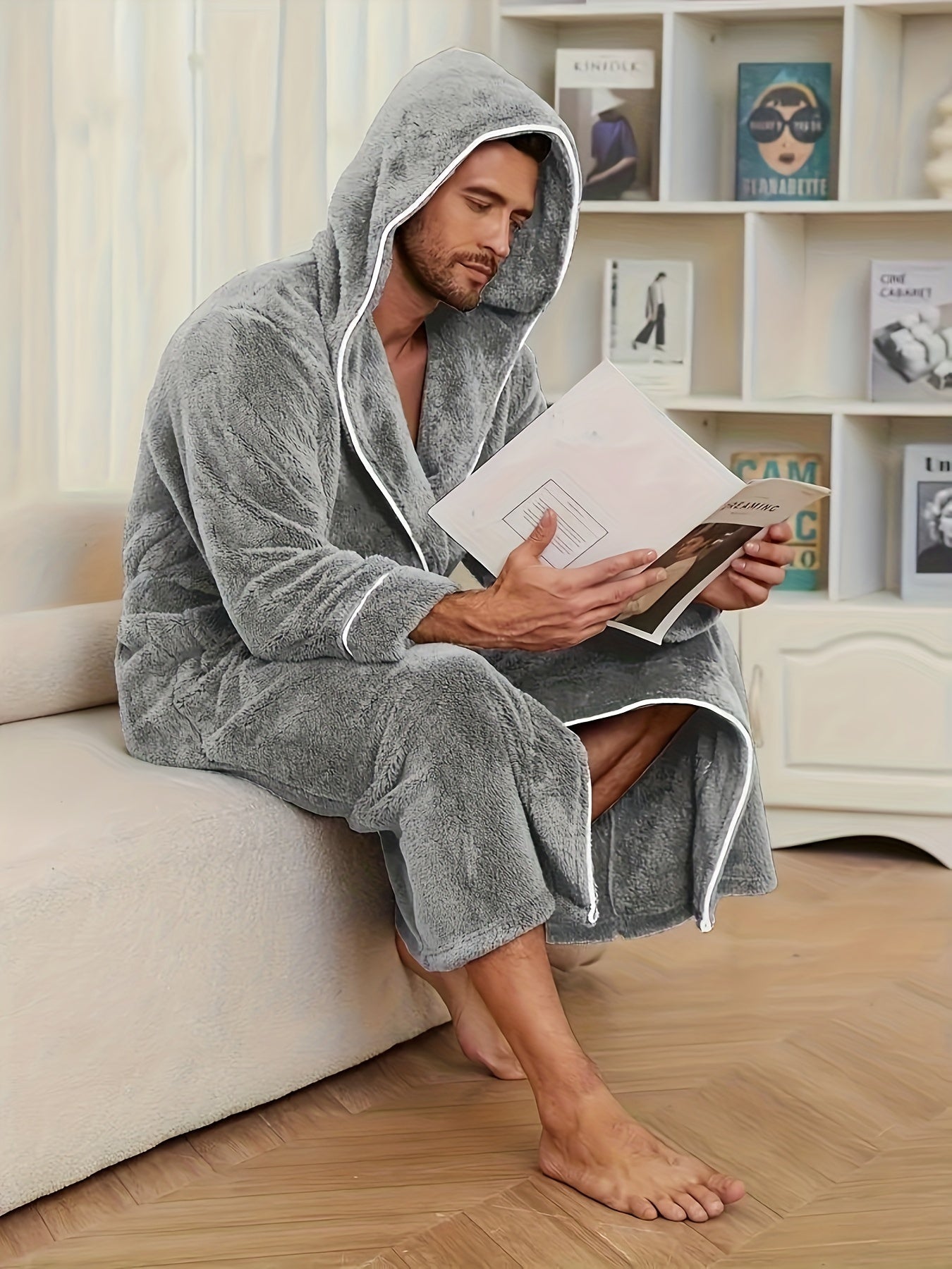 Soft and comfortable black fleece bathrobe with color-block design for men, featuring a hood, long sleeves, and belt detail. Suitable for home and hotel use, machine washable.