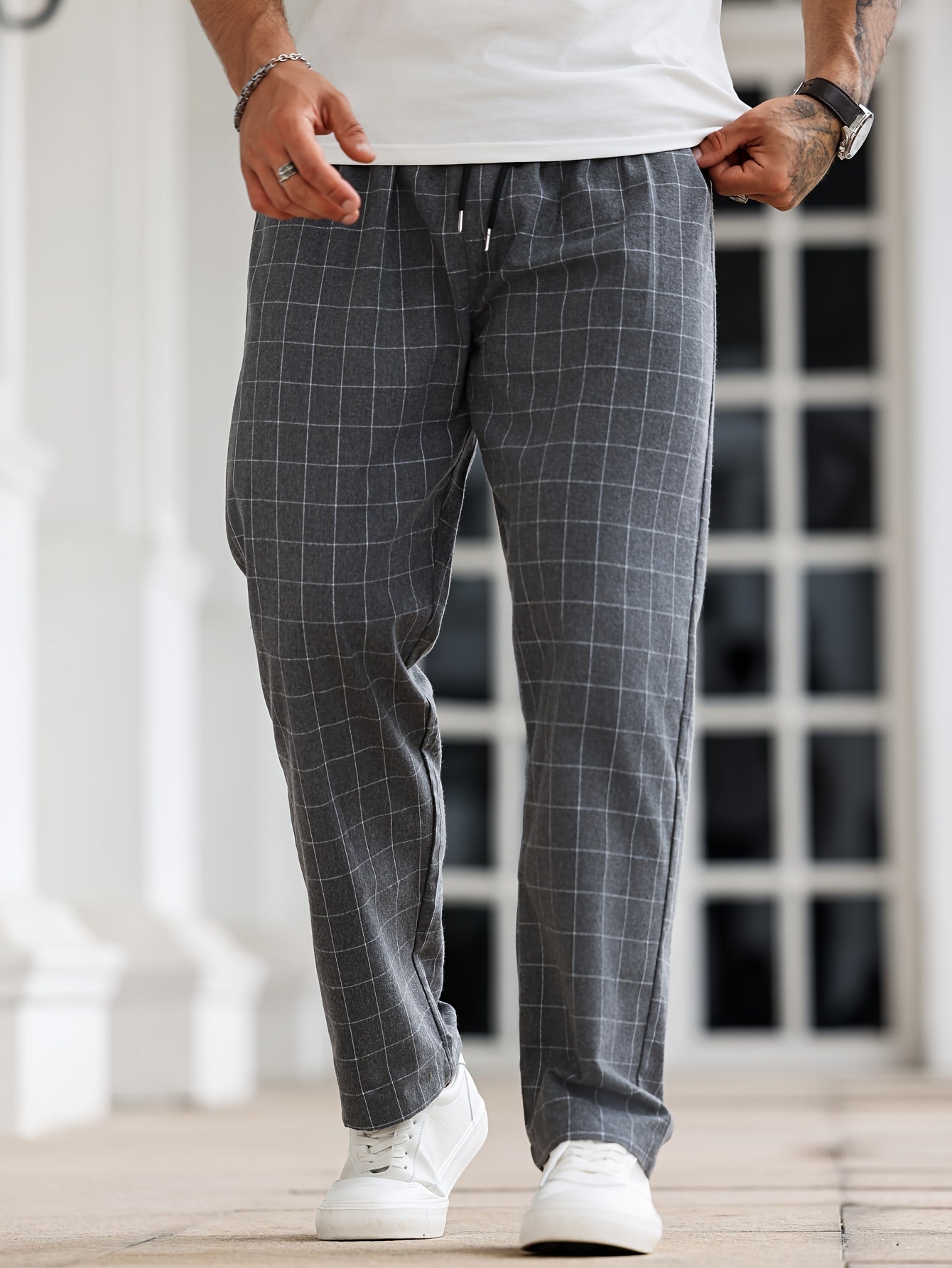 Men's Comfortable Plaid Sleep Pants with Drawstring, Machine Washable Polyester, Black & White Grid Pattern