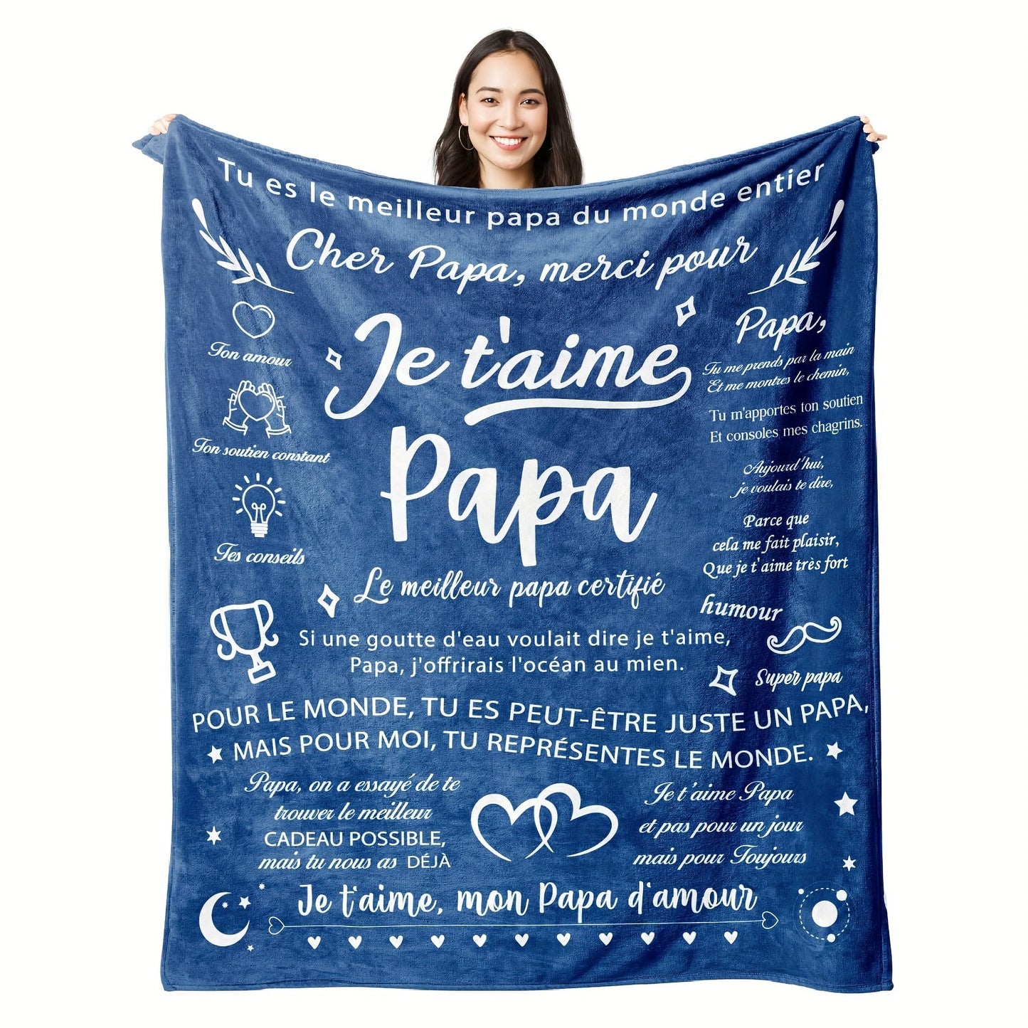 Soft and cozy Contemporary French Letter Print Flannel Throw Blanket is hypoallergenic, machine washable, tear-resistant, and multipurpose. Perfect for couch, bed, camping, and travel, this blanket is an ideal gift for Dad for all seasons. Includes 1